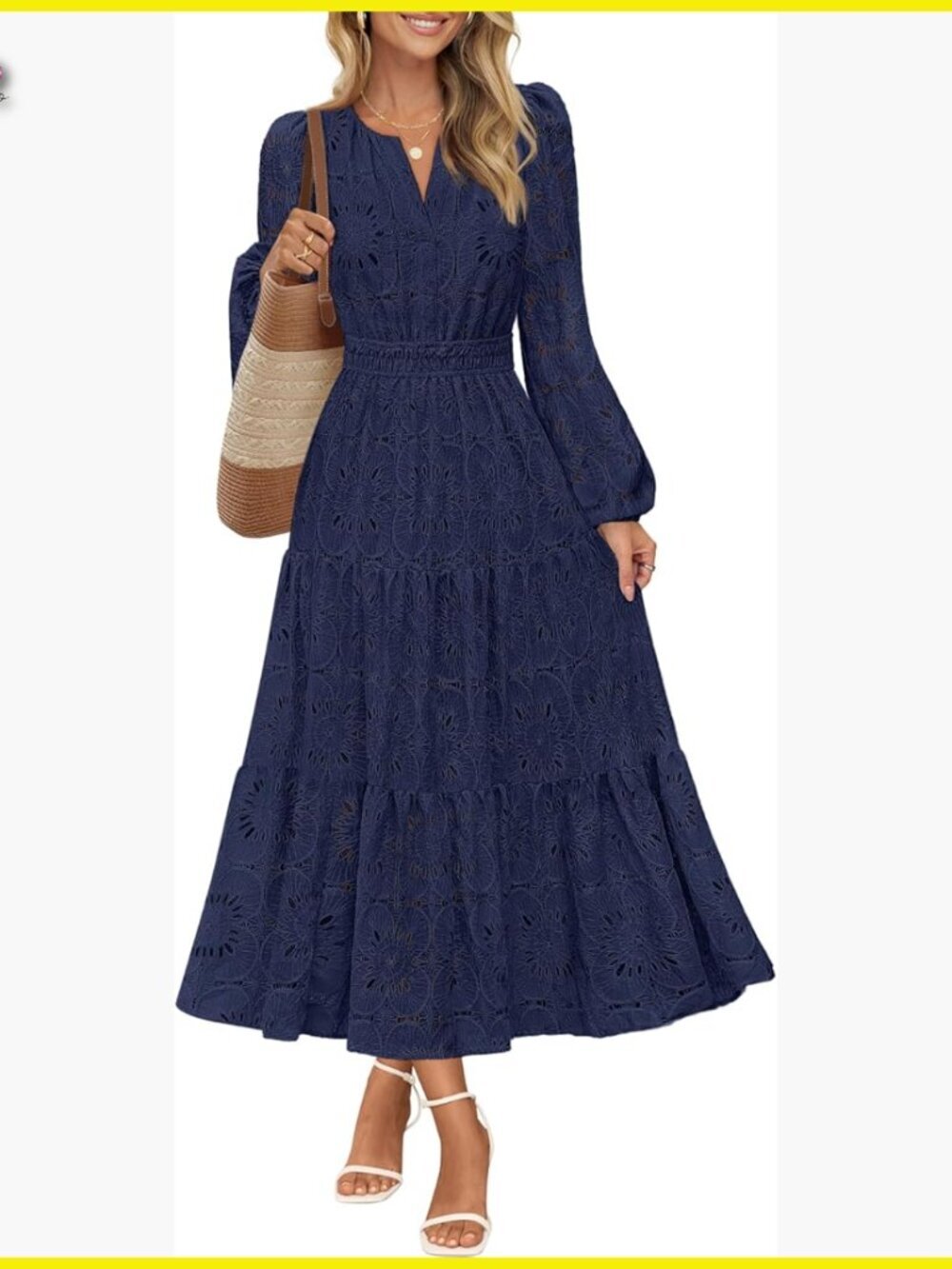 Long Sleeve Floral Maxi Dress Lace Eyelet Boho Wedding Guest Tiered Pockets